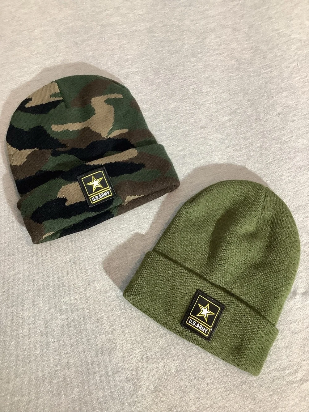 U.S. Army Knit Beanie Duo in Olive Green & Woodland Camo Set of 2